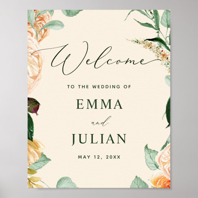 Póster Signo de bienvenida del Boda Boho Greenery Peach (Frente)