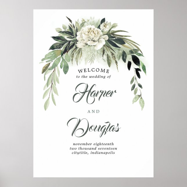 Póster Signo de bienvenida del Boda botánico de Greenery  (Frente)