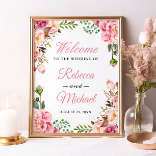 Póster Signo de bienvenida del Boda de ajuste floral rosa