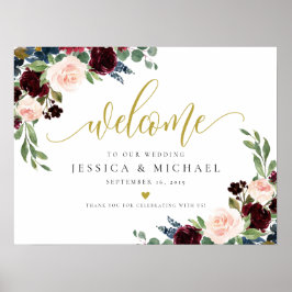Póster Signo de bienvenida del Boda de caligrafía floral