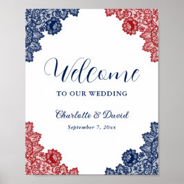 Póster Signo de bienvenida del Boda de encaje floral azul