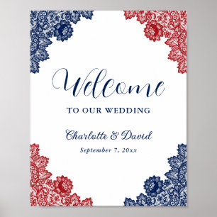 Póster Signo de bienvenida del Boda de encaje floral azul