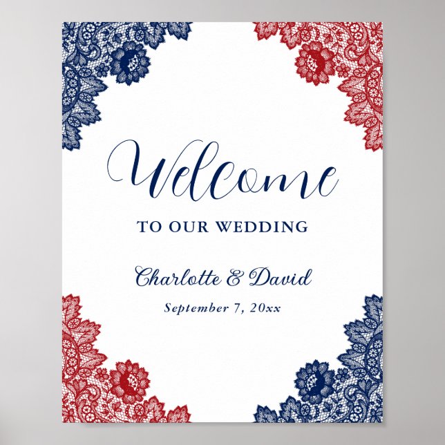 Póster Signo de bienvenida del Boda de encaje floral azul (Frente)