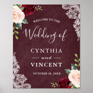 Póster Signo de bienvenida del Boda de encaje floral de R