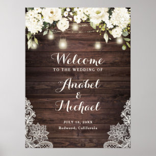 Póster Signo de bienvenida del Boda de flor blanca Rusood