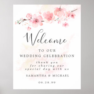 Póster Signo de bienvenida del Boda de flores de cerezo r