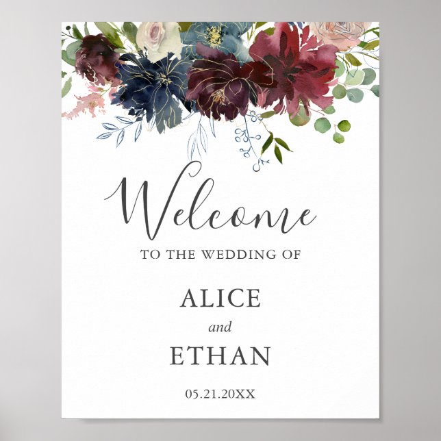 Póster Signo de bienvenida del Boda de flores y vegetació (Frente)