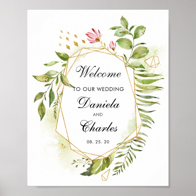 Póster Signo de bienvenida del Boda de follaje verde flor (Frente)