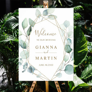 Póster Signo de bienvenida del Boda de follaje verde geom