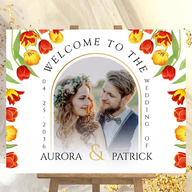 Póster Signo de bienvenida del Boda de fotografía de prim (Colorful Spring Tulip Photo Wedding Welcome Sign)
