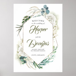 Póster Signo de bienvenida del Boda de hidrangea blanca y