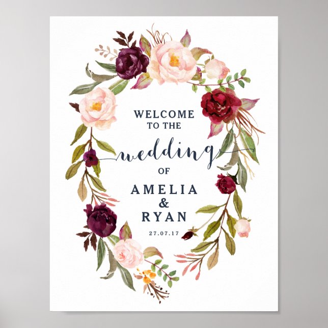 Póster Signo de bienvenida del Boda de la Marina Floral d (Frente)