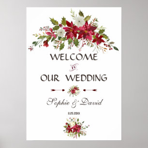 Póster Signo de bienvenida del Boda de puninsettia blanca