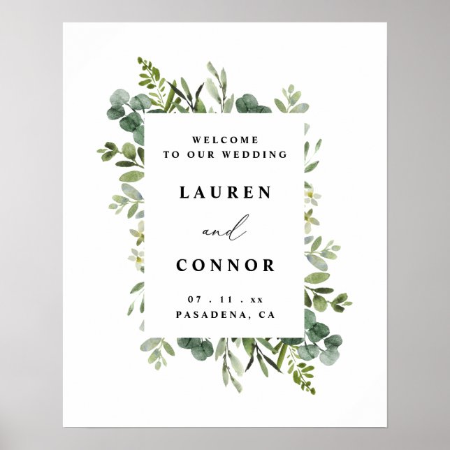 Póster Signo de bienvenida del Boda del marco del eucalip (Frente)