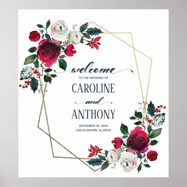 Póster Signo de bienvenida del Boda del marco dorado del  (Frente)