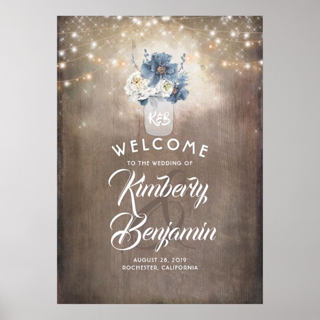 Póster Signo de bienvenida del Boda Dusty Blue Floral Mas (Frente)