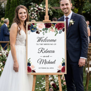 Póster Signo de bienvenida del Boda floral azul de Rubor