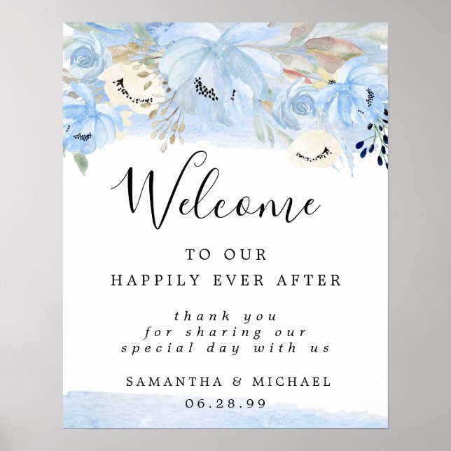 Póster Signo de bienvenida del Boda floral azul y dorado (Frente)