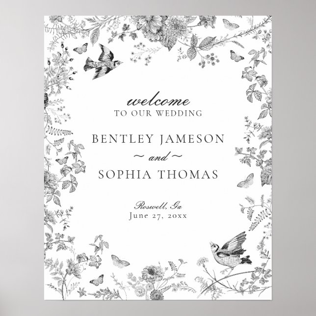 Póster Signo de bienvenida del Boda floral Black Toile De (Frente)