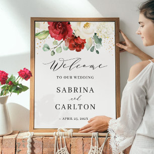 Póster Signo de bienvenida del Boda floral blanco borgoñé
