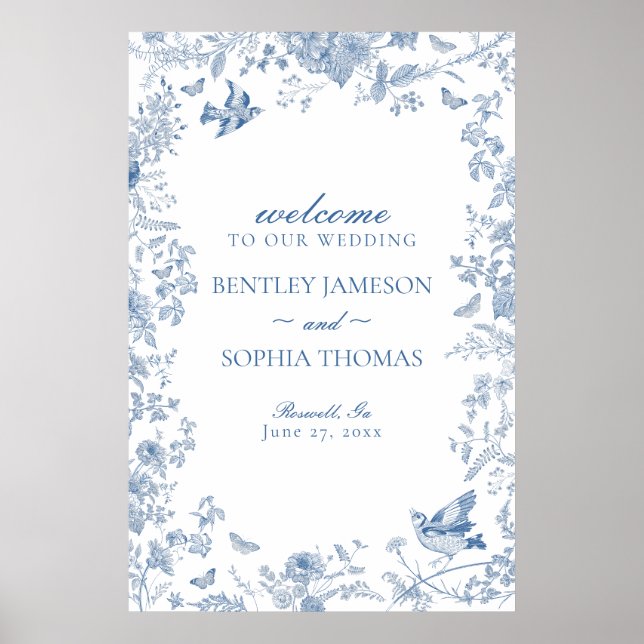 Póster Signo de bienvenida del Boda floral Blue Toile De  (Frente)