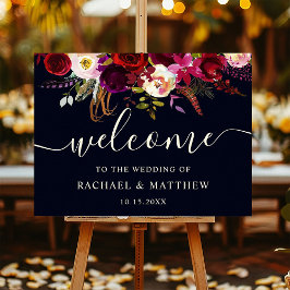 Póster Signo de bienvenida del Boda floral Boho Burgundy 