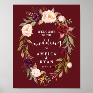 Póster Signo de bienvenida del Boda floral borgoñés
