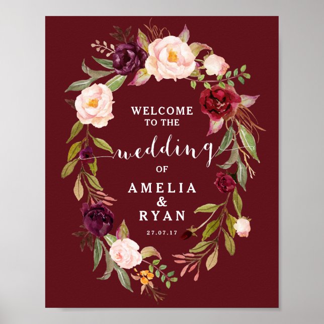 Póster Signo de bienvenida del Boda floral borgoñés (Frente)