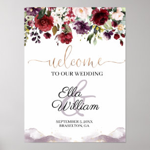 Póster Signo de bienvenida del Boda floral borgoñés