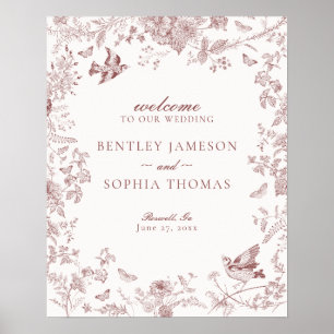 Póster Signo de bienvenida del Boda floral Burgundy Toile