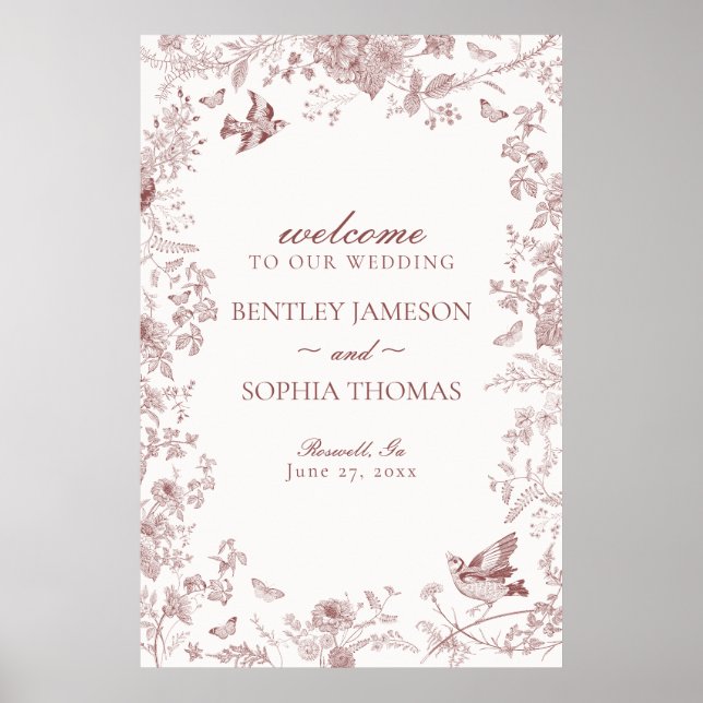 Póster Signo de bienvenida del Boda floral Burgundy Toile (Frente)