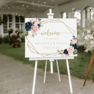 Póster Signo de bienvenida del Boda floral de oro geométr