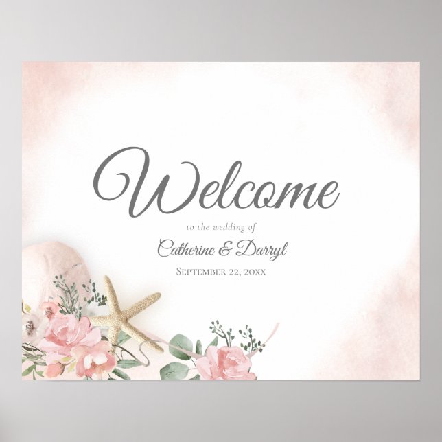 Póster Signo de bienvenida del Boda floral de playa (Frente)