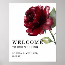 Póster Signo de bienvenida del Boda floral de rosa roja p