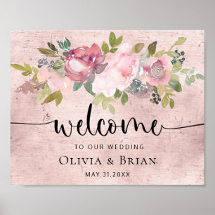 Póster Signo de bienvenida del Boda floral de Rubor perso