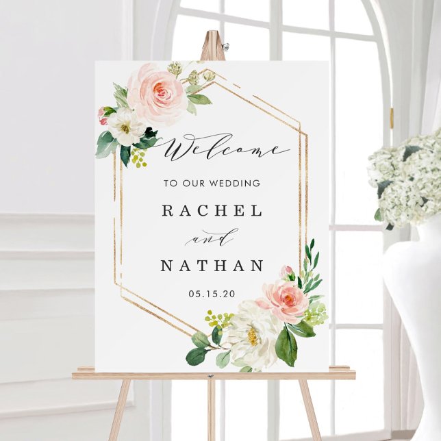 Póster Signo de bienvenida del Boda floral del marco dora (Subido por el creador)