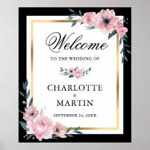 Póster Signo de bienvenida del Boda floral dorado rosado