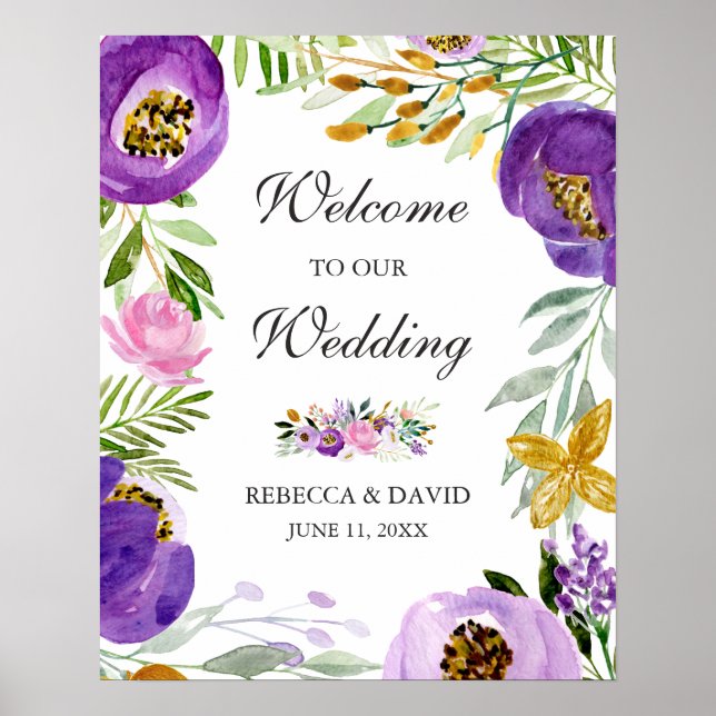 Póster Signo de bienvenida del Boda floral dorado ultravi (Frente)