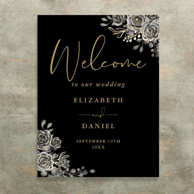 Póster Signo De Bienvenida Del Boda Floral Gótico Negro Y (Gothic Black And Gold Floral Wedding Welcome Sign)