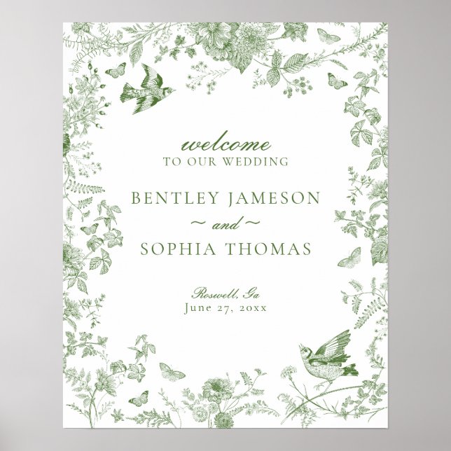Póster Signo de bienvenida del Boda floral Green Toile De (Frente)