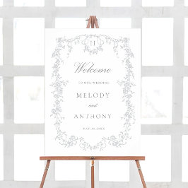Póster Signo de bienvenida del Boda floral gris clásico f