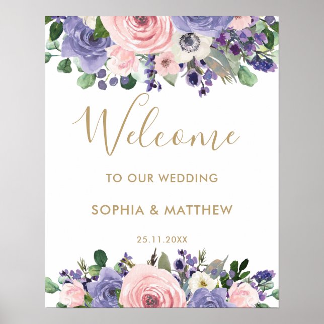 Póster Signo de bienvenida del Boda floral morado de Rubo (Frente)