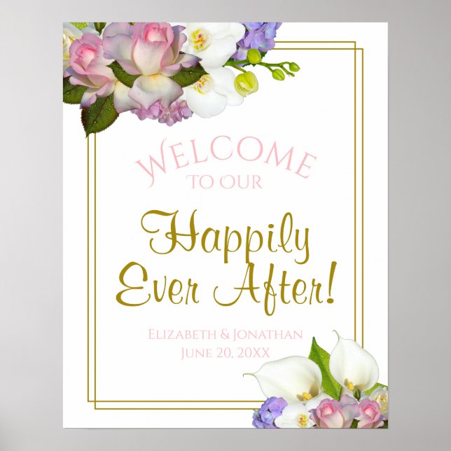 Póster Signo de bienvenida del Boda floral Pastel Bouquet (Frente)
