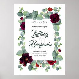 Póster Signo de bienvenida del Boda floral rojo borgoñés