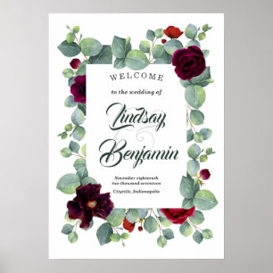 Póster Signo de bienvenida del Boda floral rojo borgoñés