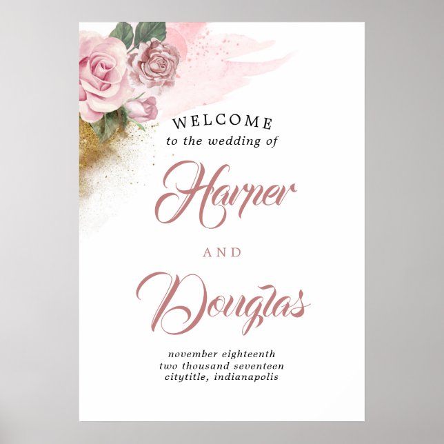 Póster Signo de bienvenida del Boda floral Rosa de Dusty (Frente)