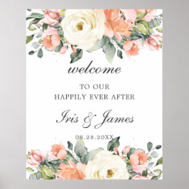 Póster Signo de bienvenida del Boda floral rosa de marfil