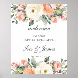 Póster Signo de bienvenida del Boda floral rosa de marfil