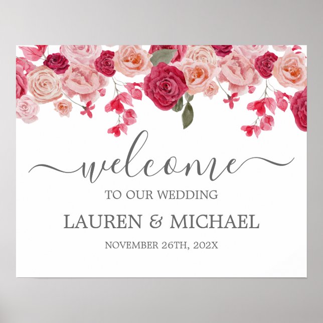 Póster Signo de bienvenida del Boda floral rosa magenta (Frente)