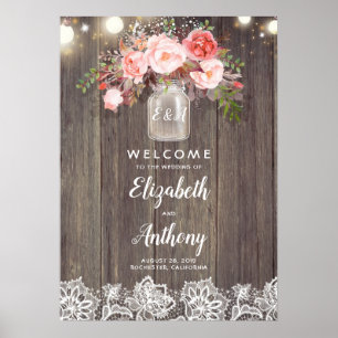 Póster Signo de bienvenida del Boda floral rosa Mason Jar